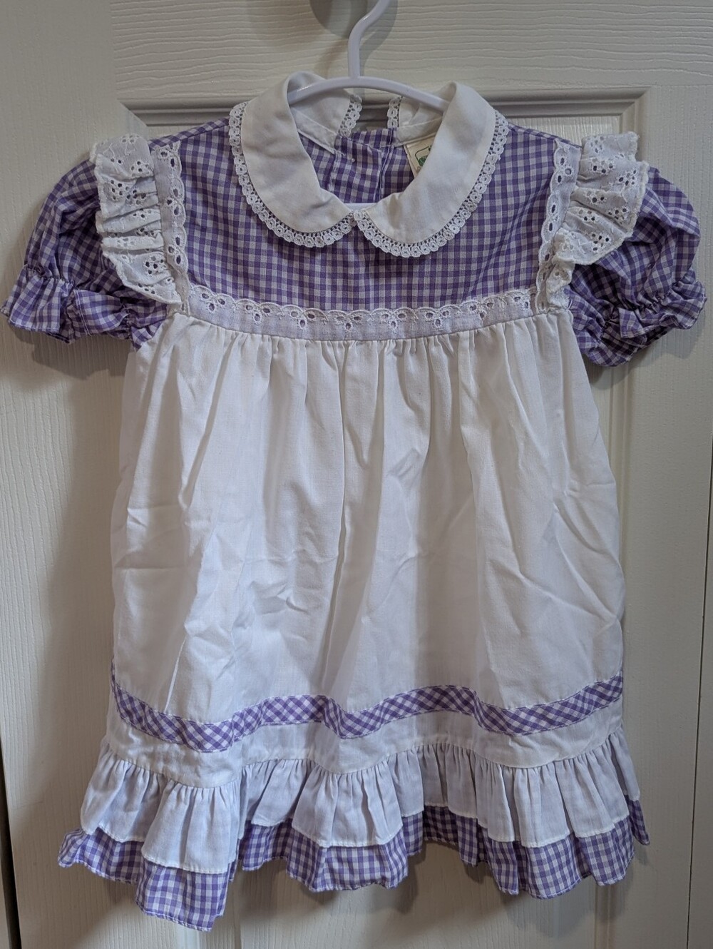 Vintage Toddler Dress Lilac Purple Gingham Eyelet Apron Made In Canada